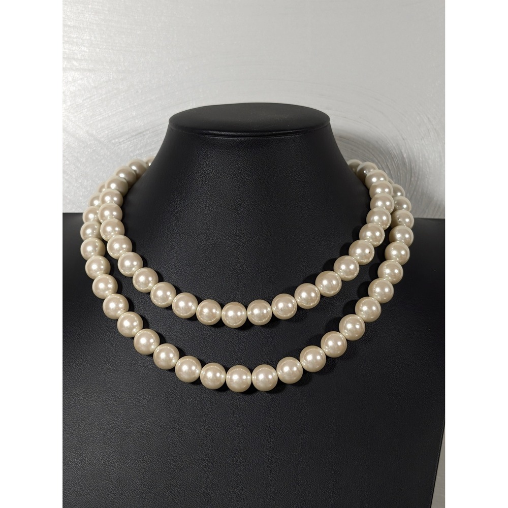Vintage‎ Cream Faux Pearl Double Strand Statement Necklace Gold Tone 17"